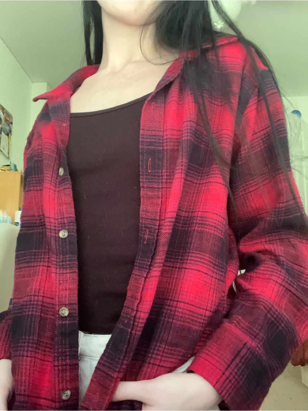 American Eagle Red and Black Plaid Boyfriend flannel
